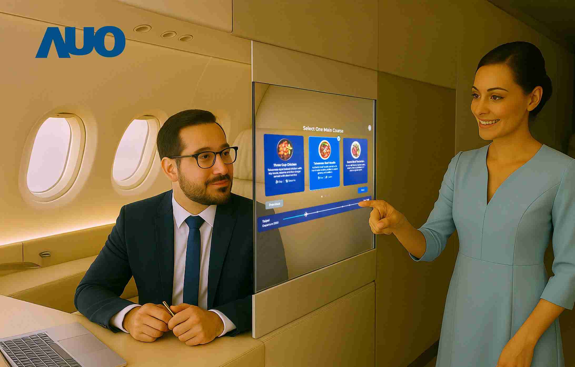 森林舞会研发全球最薄17.3 吋双面透明 Micro LED 显示器，，，，可在同一屏幕之双边投射不同信息，，，，创造独特的”透明化”互动；图为实时翻译交流应用情境